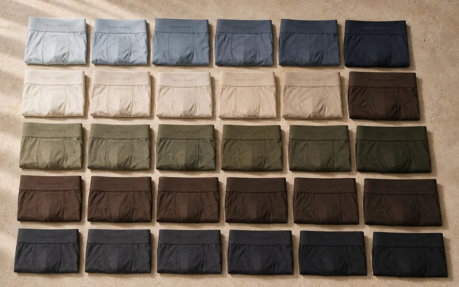 Thirty Fresh Thirty boxer briefs arranged by colour
